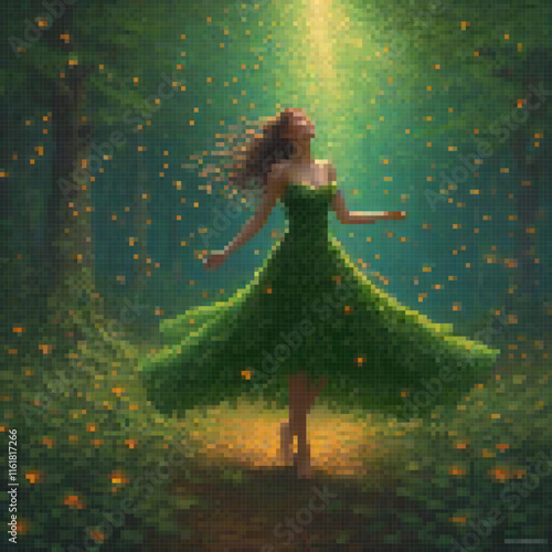 Enchanting pixel art: A woman in a vibrant green dress twirls amidst the forest.