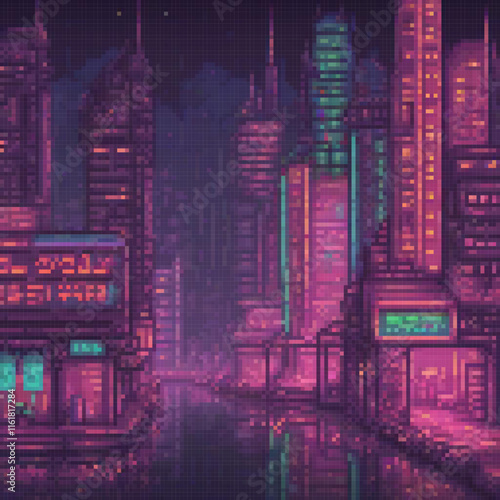 Neon-lit futuristic cityscape in pixel art, captivating nighttime vibes.