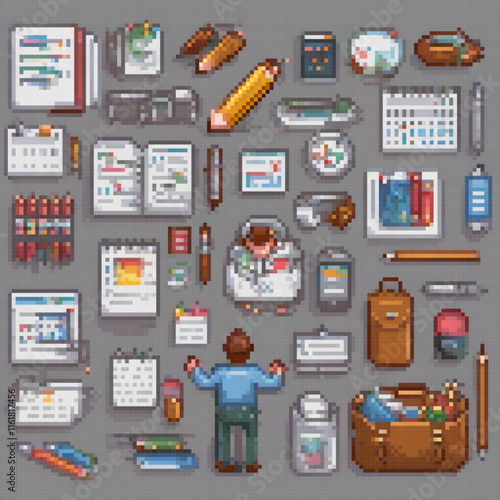 Pixel art of a man amidst office supplies