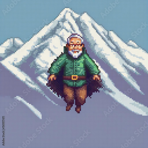 Green jacket aviator soars above majestic peaks in pixel art.