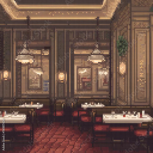 Pixel art of a charming restaurant scene with tables and chairs.