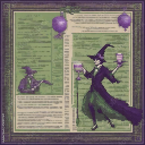 Enchanting pixel art cross stitch witch with wine