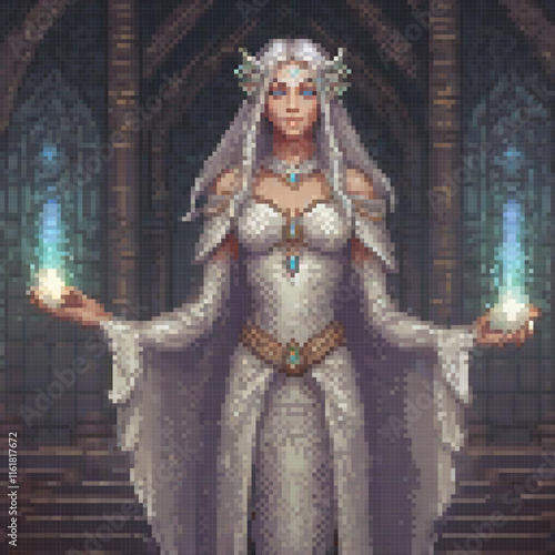 Elegant woman in a white gown with a mystical crystal ball