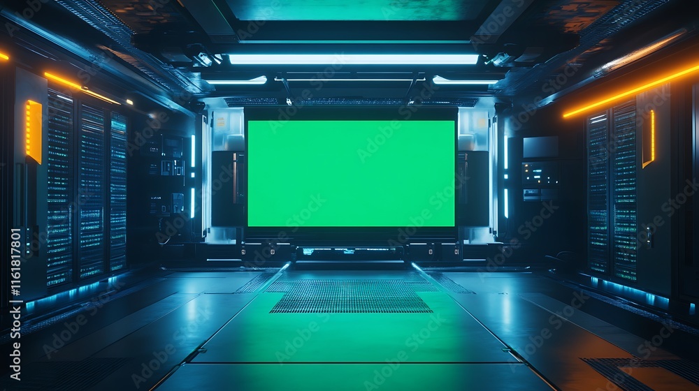 Futuristic server room with green screen. Futuristic server room with green screen.