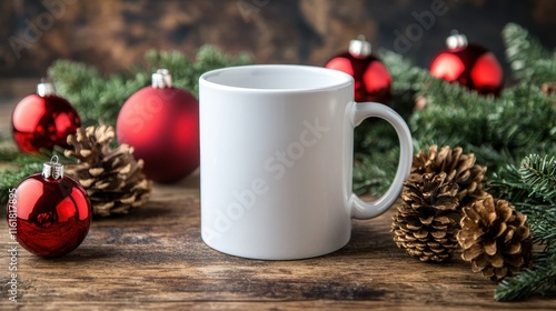 Blank White Coffee Mug Surrounded by Christmas Decorations and Pines