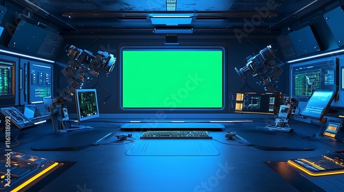 Fototapeta Naklejka Na Ścianę i Meble -  Futuristic spaceship bridge interior with green screen.