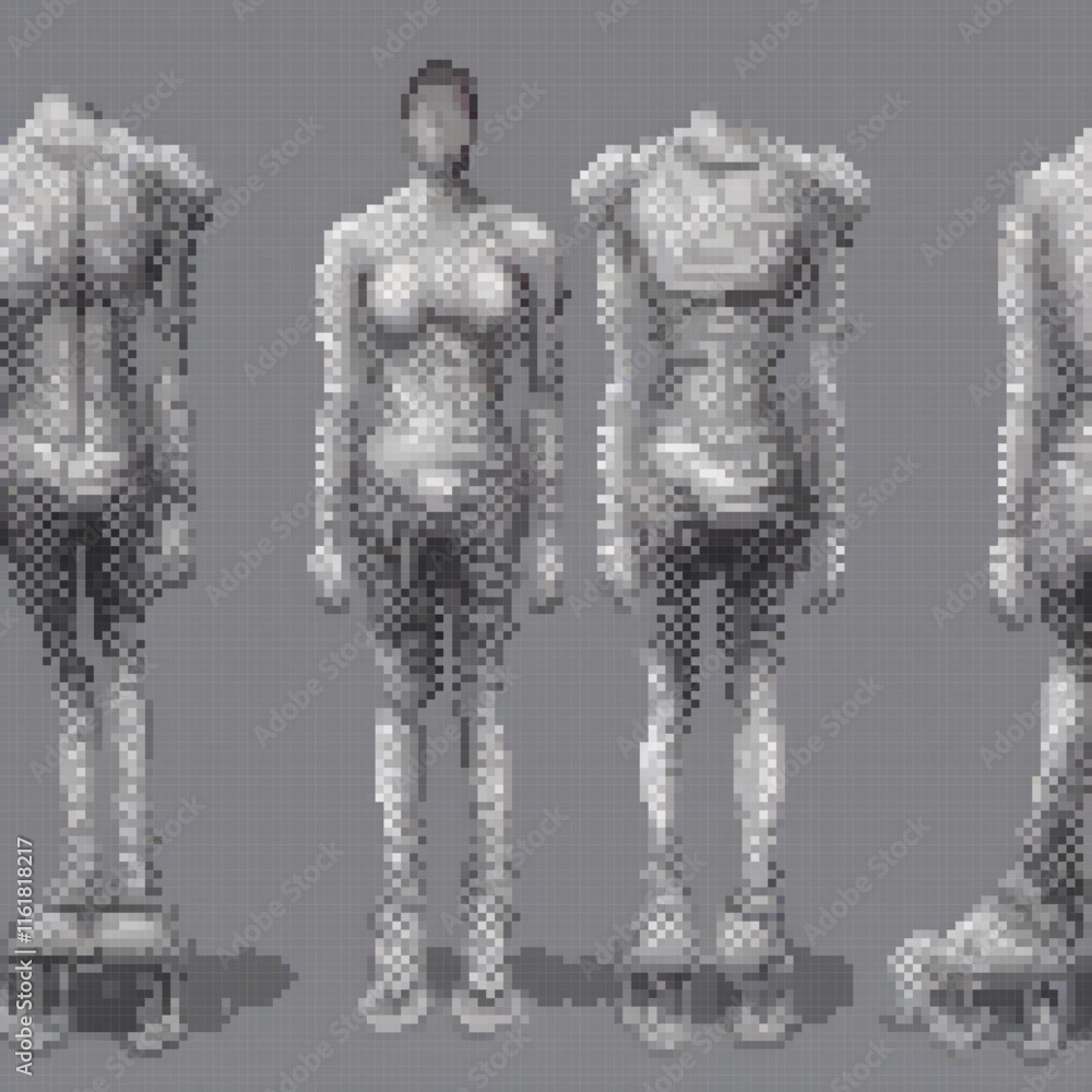 Fototapeta premium Pixel art mannequin poses showcasing diverse styles.