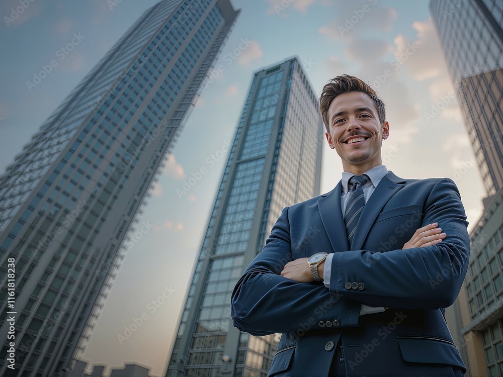 low angle photo of man wearing suit crossing arms smiling, building background. business, marketing materials, real estate related articles, leadership and success illustrations. low angle photo of man wearing suit crossing arms smiling, building background. business, marketing materials, real estate related articles, leadership and success illustrations.