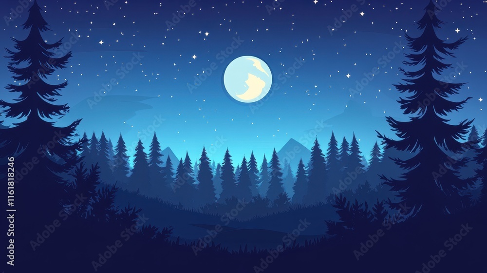 Moonlit Night Sky with Stars Over Serene Forest Landscape Moonlit Night Sky with Stars Over Serene Forest Landscape