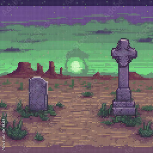 Pixel art graveyard scene with a central tombstone