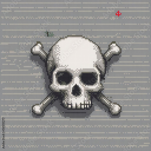 Grayscale pixel art featuring a classic skull and crossbones symbol.