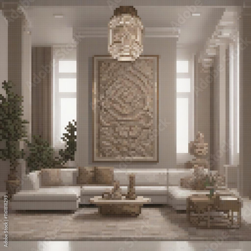 Pixel art depicting a cozy living room with stylish furniture and a captivating large painting.