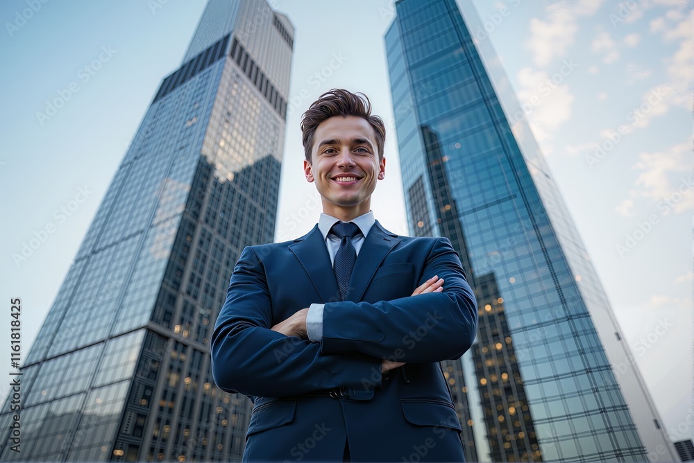 low angle photo of man wearing suit crossing arms smiling, building background. business, marketing materials, real estate related articles, leadership and success illustrations. 5 low angle photo of man wearing suit crossing arms smiling, building background. business, marketing materials, real estate related articles, leadership and success illustrations. 5