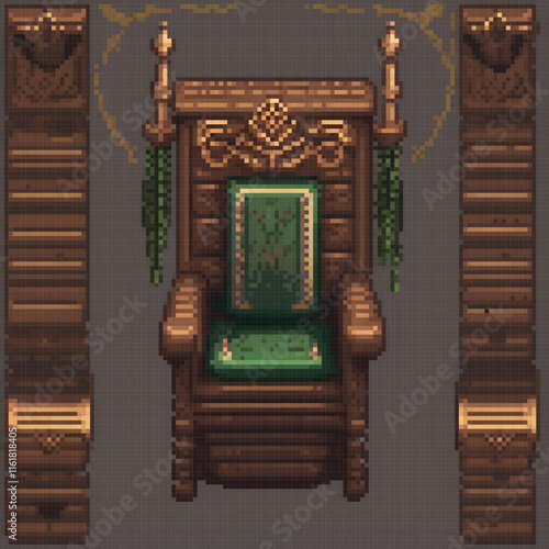 Vintage wooden throne with a vibrant green cushion, perfect for retro decor.