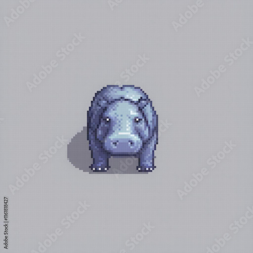 Blue hippo in pixel art, vintage style against a gray backdrop.