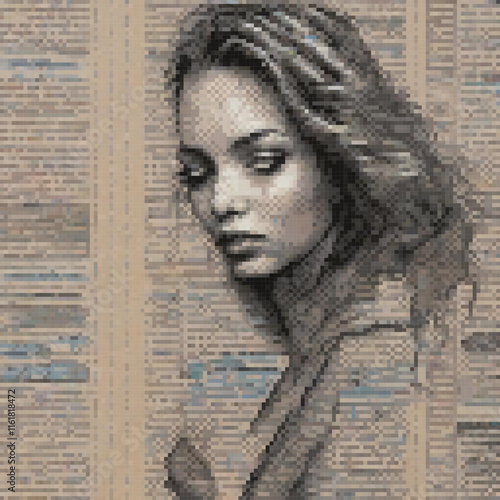 Vintage pixel art of a stylish woman in a trench coat.