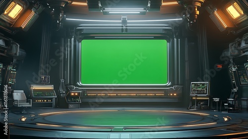 Fototapeta Naklejka Na Ścianę i Meble -  Futuristic spaceship control room with green screen.