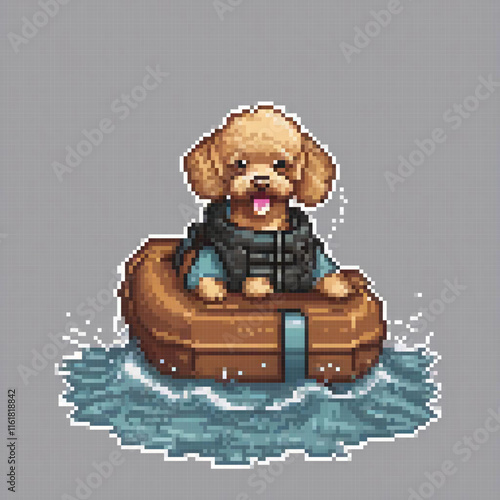 Pixel art of a dog perched on a wooden box, submerged in water