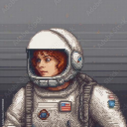 Astro-girl in space gear, wall-bound astronaut portrait.