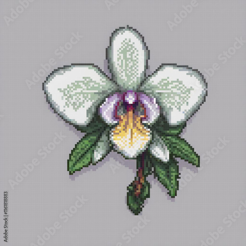Delicate cross stitch orchid pattern in pixel art style.