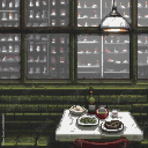 Pixel art depicting a charming dining scene with plates of food and a window view.