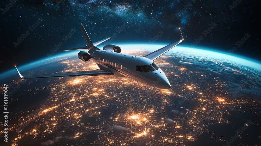 Fototapeta premium A futuristic airplane flying above the glowing nighttime Earth, detailed city grids visible below and a breathtaking galaxy in the sky, emphasizing global travel advancement