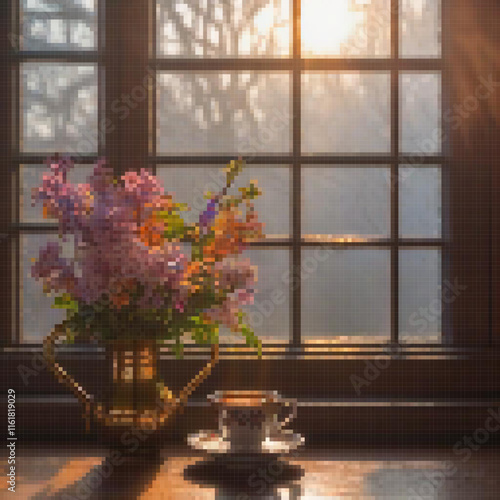 Pixel art depicting a vibrant vase of flowers on a window sill, paired with a charming cup and saucer.