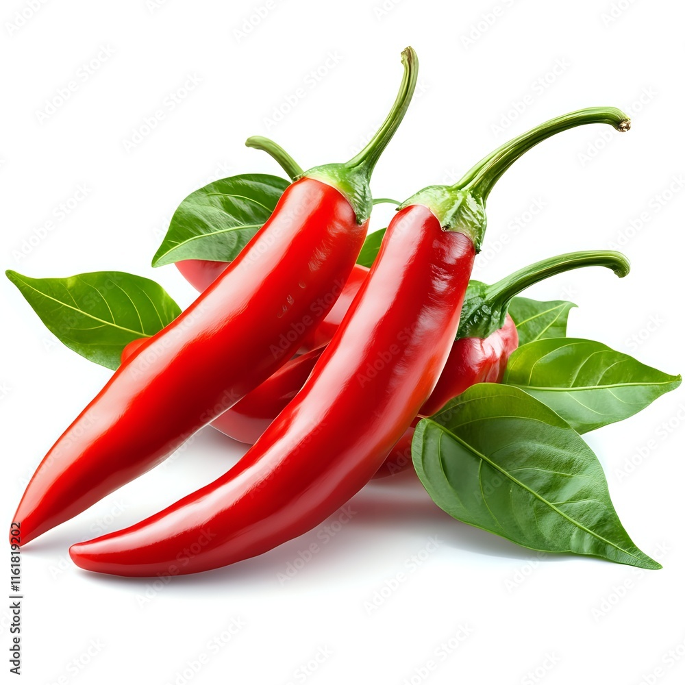 Vibrant Red Chili Peppers with Lush Green Leaves Vibrant Red Chili Peppers with Lush Green Leaves