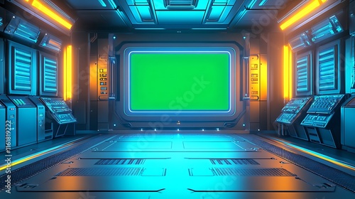 Fototapeta Naklejka Na Ścianę i Meble -  Futuristic spaceship interior with green screen. (1)