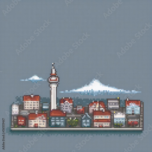 Pixel-perfect cityscape with a central tower, showcasing retro charm.