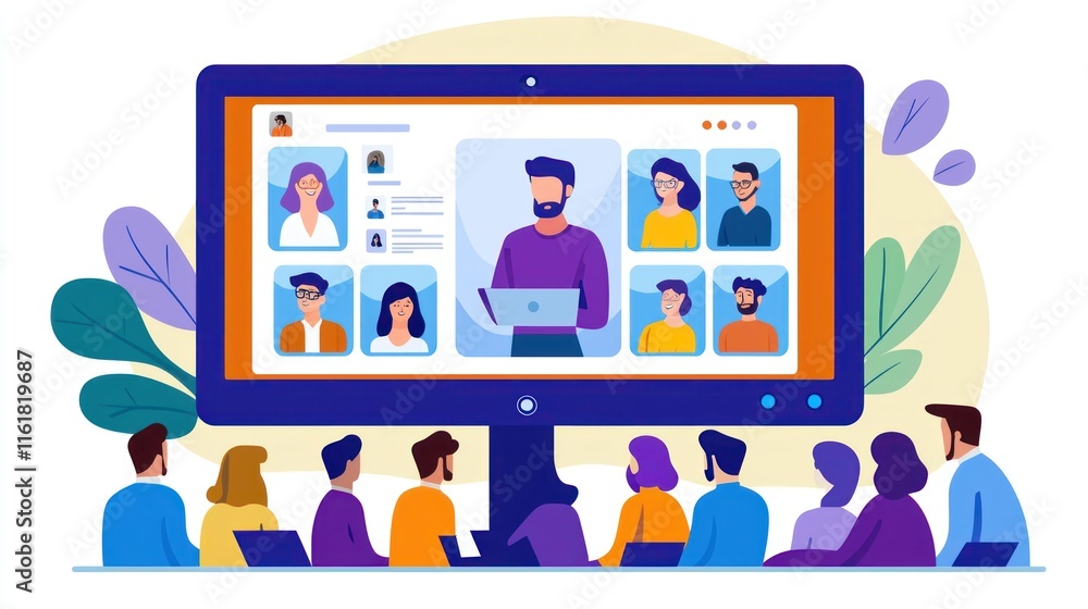 A group of people in small video windows on a webinar screen, with a speaker giving a presentation in the main window. A group of people in small video windows on a webinar screen, with a speaker giving a presentation in the main window.