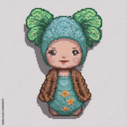 Cute pixel art cross stitch of a girl in a blue dress and green hat.