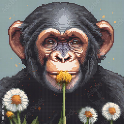 Pixel art cross stitch pattern featuring a chimpanzee amidst daisies.