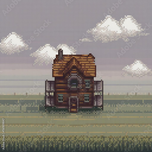 Pixel art of a quaint pixel house amidst a serene field.