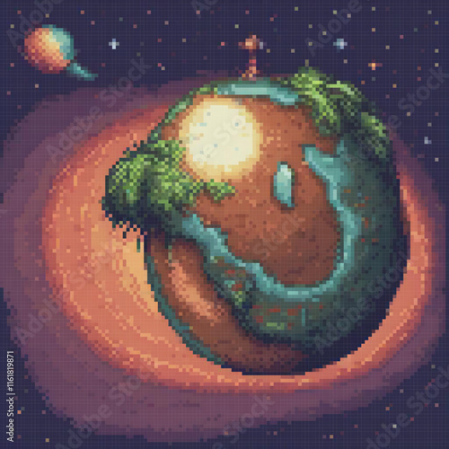 Stunning pixel art of Earth in space, showcasing planets in the background.