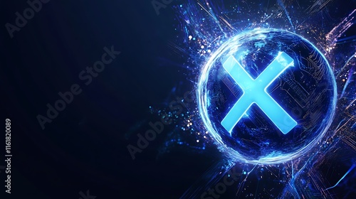 Glowing blue X symbol in digital sphere.