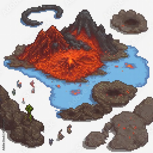 Pixel art volcano eruption screenshot
