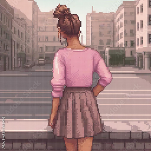 Pixely styled lady in pink attire on urban street scene.