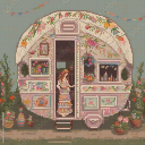 Pixel art cross stitch camper trailer pattern
