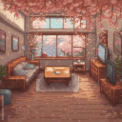 Pixel art depicting a cozy living room with stylish furniture and a charming tree.