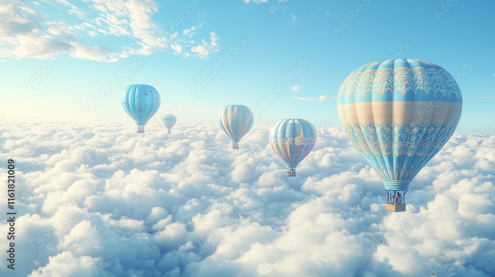Fototapeta premium Colorful patterned hot air balloons float above clouds under a blue sky