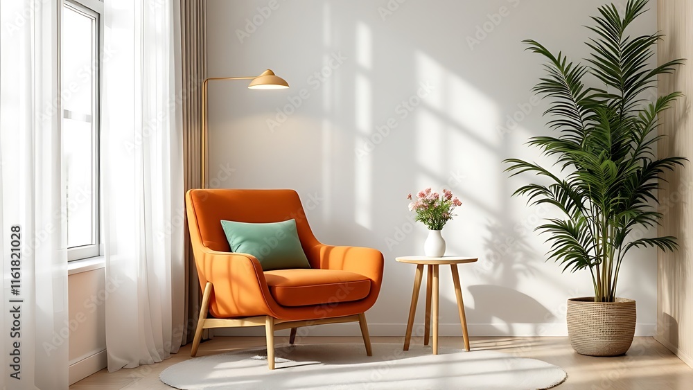 Minimalist home interior design of modern living room. Serene reading corner with orange armchair, small side table and lush green plant. The natural light highlights soft rug and warm-toned wall. Minimalist home interior design of modern living room. Serene reading corner with orange armchair, small side table and lush green plant. The natural light highlights soft rug and warm-toned wall.