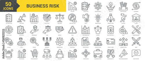 Business Risk icon collection set. Containing competition, war, recession, procurement, logistics, hacking, low sales, uncertainty, bankruptcy, risk management, bad review icon. Simple line vector