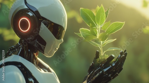 Robot Holding a Green Plant Symbolizing Nature and Technology Harmony photo