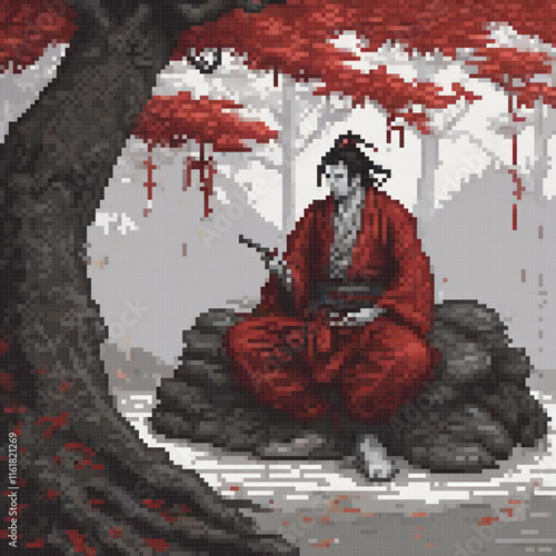 Red kimono man in pixel art, serene tree setting