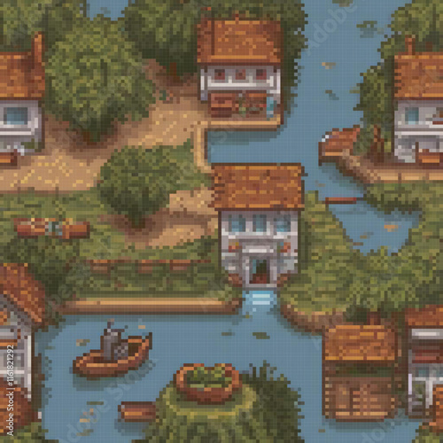 Pixel art depicting a charming small town by a river.