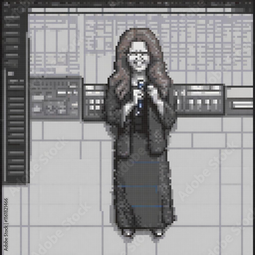 Pixel art of a stylish woman at a computer workstation