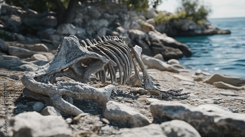 A skeletal remains of an animal rests on rocky shore by the water. photo