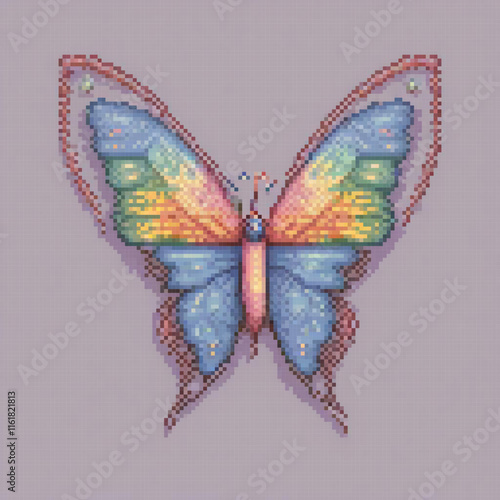 Vibrant pixel art cross stitch butterfly pattern, perfect for crafters.