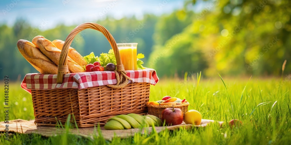 Picnic basket filled with delicious food items on a lush green grass field, picnic, basket, outdoor, food, picnic blanket Picnic basket filled with delicious food items on a lush green grass field, picnic, basket, outdoor, food, picnic blanket